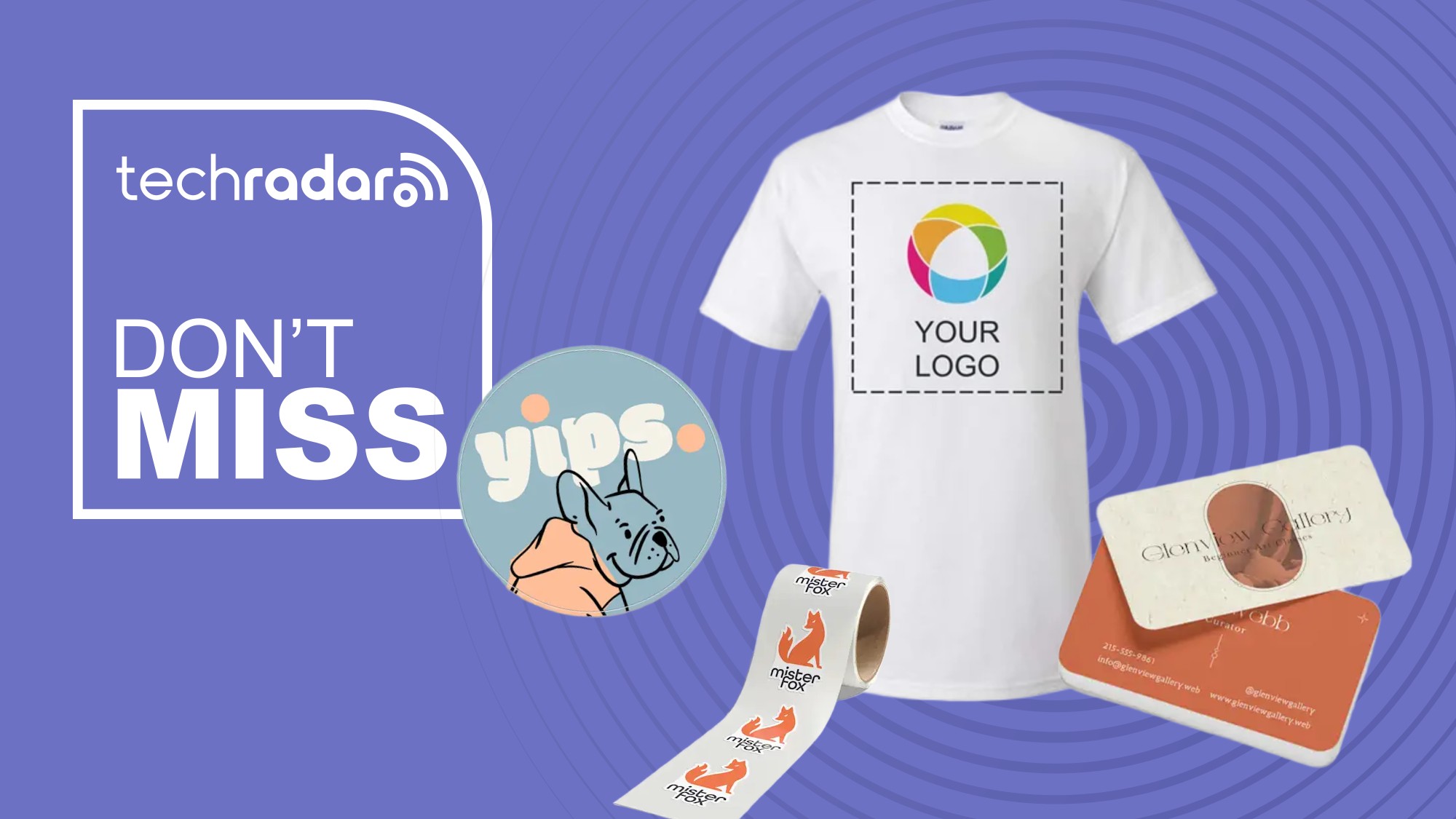 A VistaPrint t-shirt, business card, sticker roll on a purple background next to a TechRadar badge that reads 'Don't Miss'