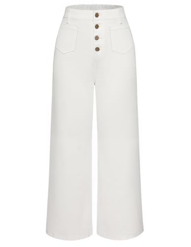 Belle Poque Women Straight Leg Trousers High Elastic Waist Classic Denim Trousers for Party Club White S