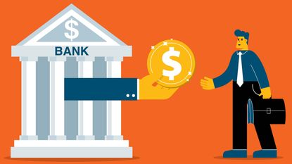 Illustration of a bank building offering money to a customer.