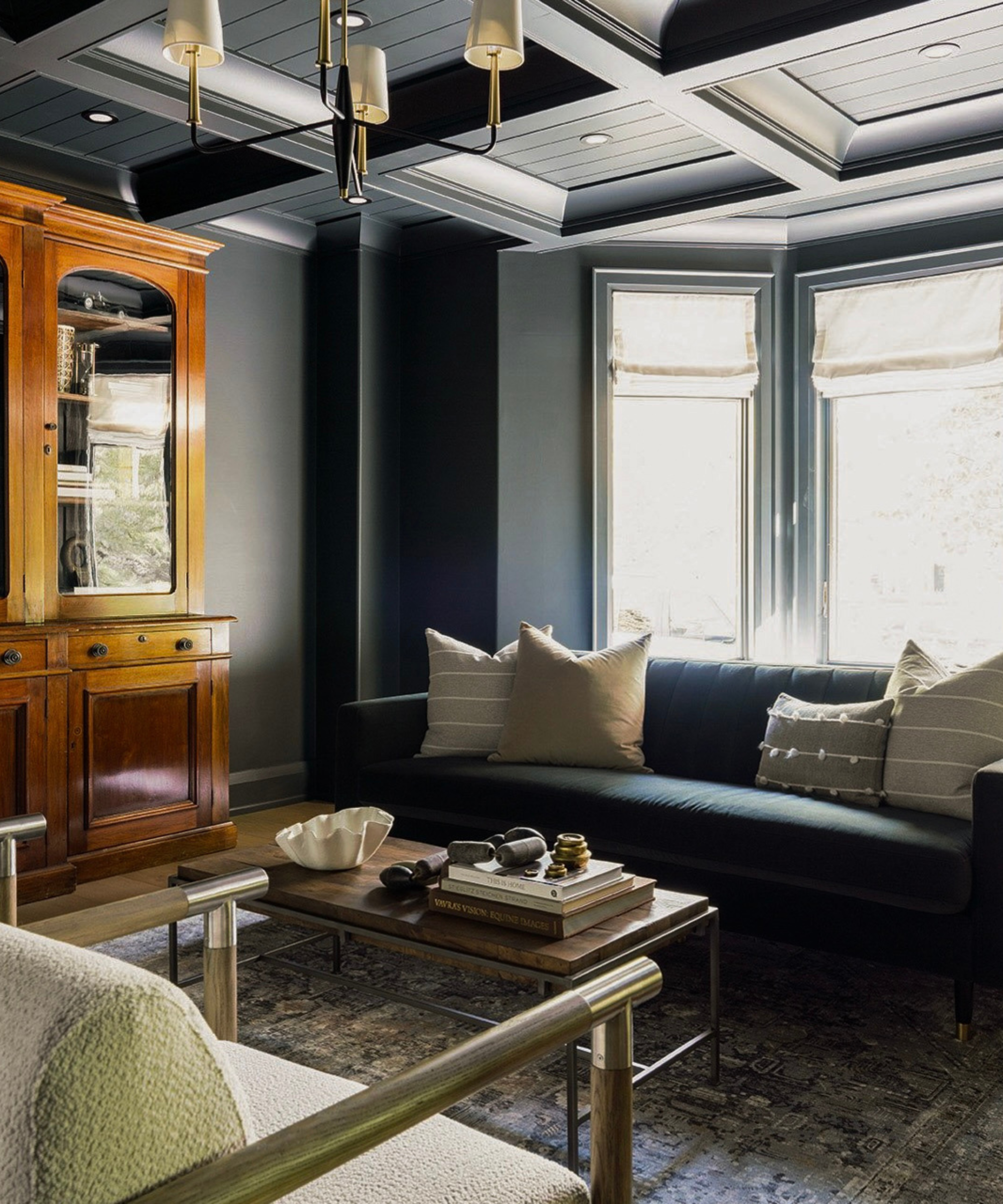 a dark living room with a deep blue couch with several pillows, a coffee table with books and trinkets on top, a large wooden cabinet, and a persian rug on the floor