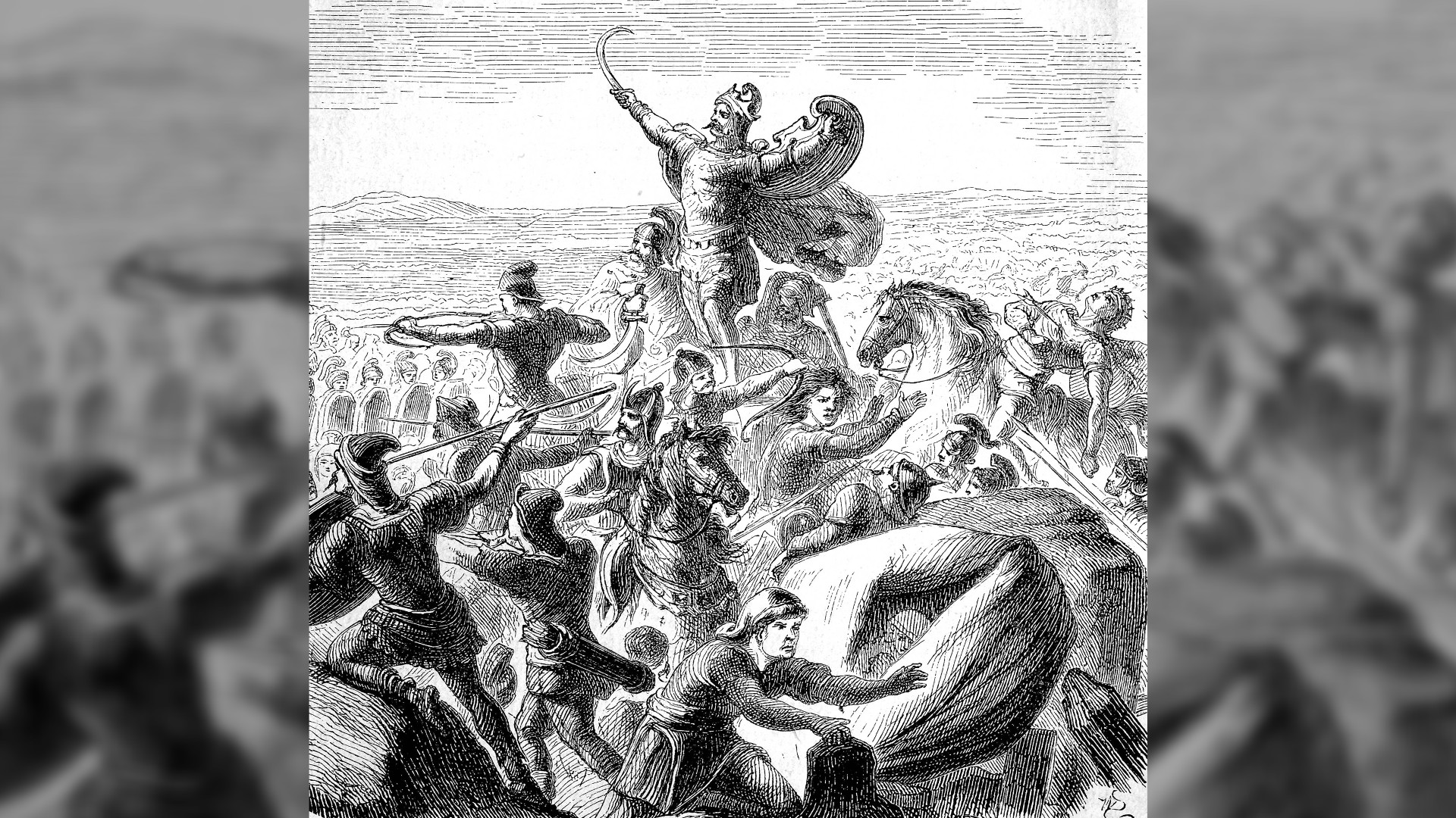 A black and white painting showing Roman general Flavius Aetius and the Visigoth king Theodoric I fighting against the Huns. Rising above everyone else is a moustachioed man with a billowing cloak. He is holding a curved sword in his right hand and a shield attached to this left. Beneath him there is a lot of fighting going on: some people are on horseback, some are holding bows and others spears. In the background you can see the Roman army with this large shields, spears and Roman helmets.