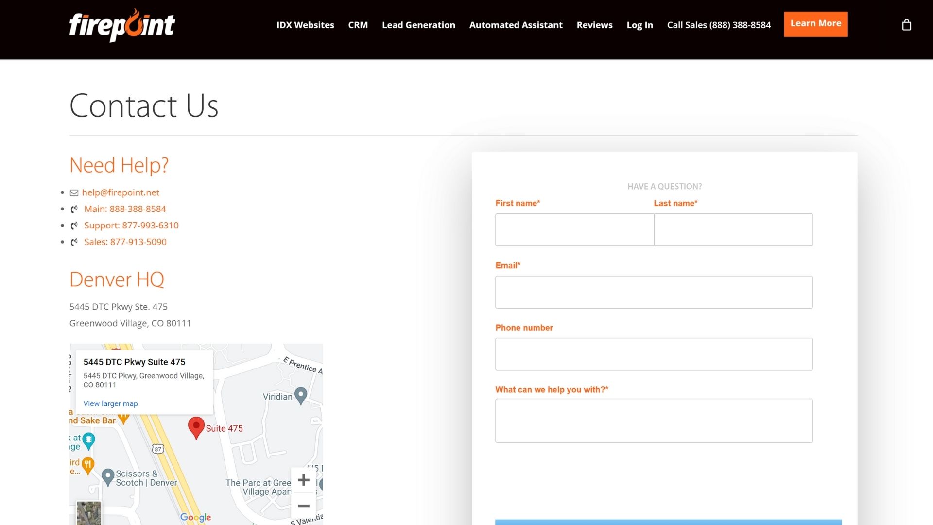 Screenshot of Firepoint’s contact us page