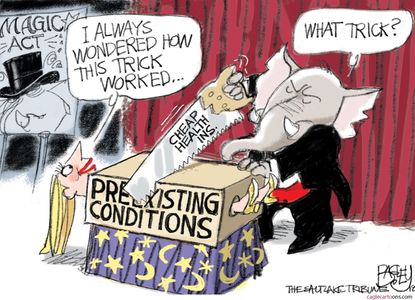 Political cartoon U.S. Obamacare healthcare insurance preexisting condition magic trick GOP