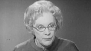 A close up of reporter Pauline Frederick on Meet The Press in the 1960s on NBC