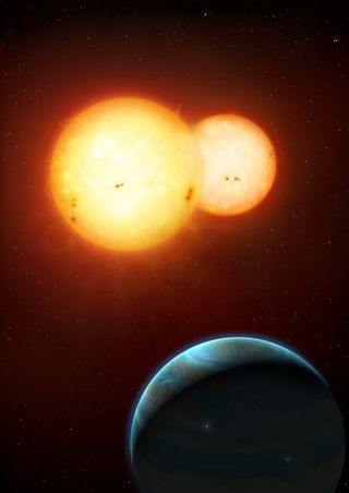 An artist's illustration of Kepler-35 b, a Saturn-size planet around a pair of sun-size stars, as envisioned by artist Mark A. Garlick. The discovery of Kepler-35b and another twin sun planet, Kepler-34 b, was announced Jan. 11, 2012 and represent a new class of circumbinary planets.