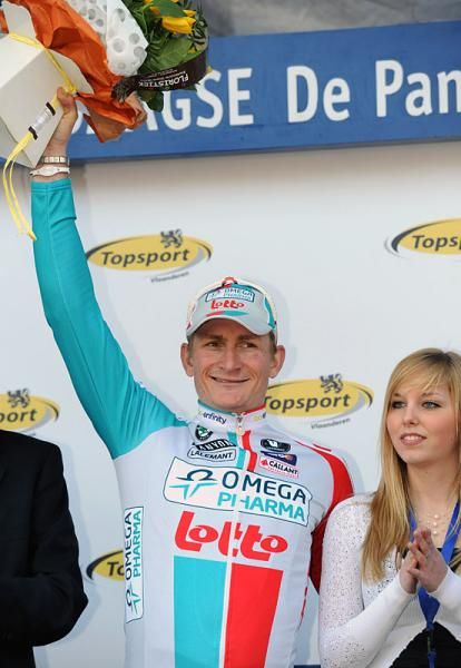 Stage one winner Andr&eacute; Greipel (Omega Pharma-Lotto) on the podium.