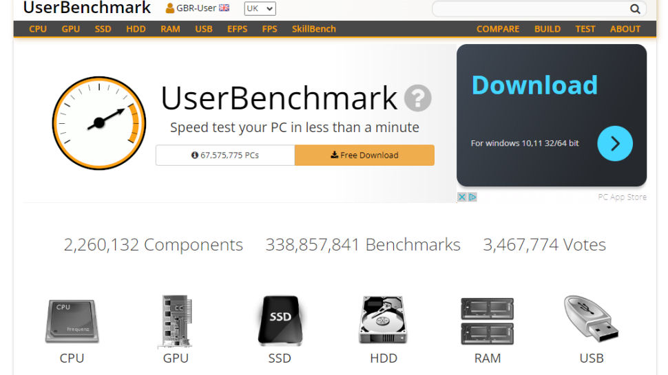 Captura de pantalla del sitio web UserBenchmark.