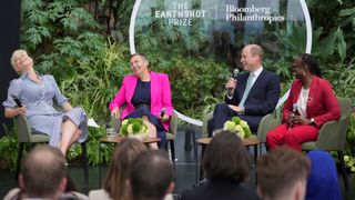 Prince William (2ndR) laughs with Hannah Waddingham (L), Hannah Jones (2ndL) and Tokunboh Ishmael (R) during a panel discussion at an Earthshot Prize Innovation Camp in London on June 27, 2024