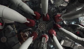 Avengers putting their hands in Avengers Endgame