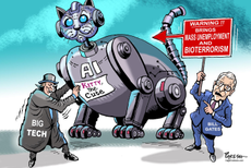 Bill Gates stands next to a large, robot cat that is labeled "AI: Kitty the Cute". Th robot is being encouraged by a creepy guy with a top hat, and cape with the words "Big Tech" on it. Bill Gates holds a sign that reads "Warning!! Brings mass unemployment and bioterrorism."
