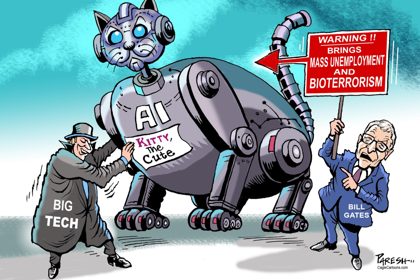 Bill Gates stands next to a large, robot cat that is labeled "AI: Kitty the Cute". Th robot is being encouraged by a creepy guy with a top hat, and cape with the words "Big Tech" on it. Bill Gates holds a sign that reads "Warning!! Brings mass unemployment and bioterrorism."