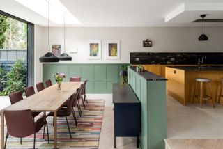 a kitchen with green and yellow components