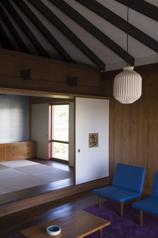 view of interior with roof structure at Umbrella House by Kazuo Shinohara