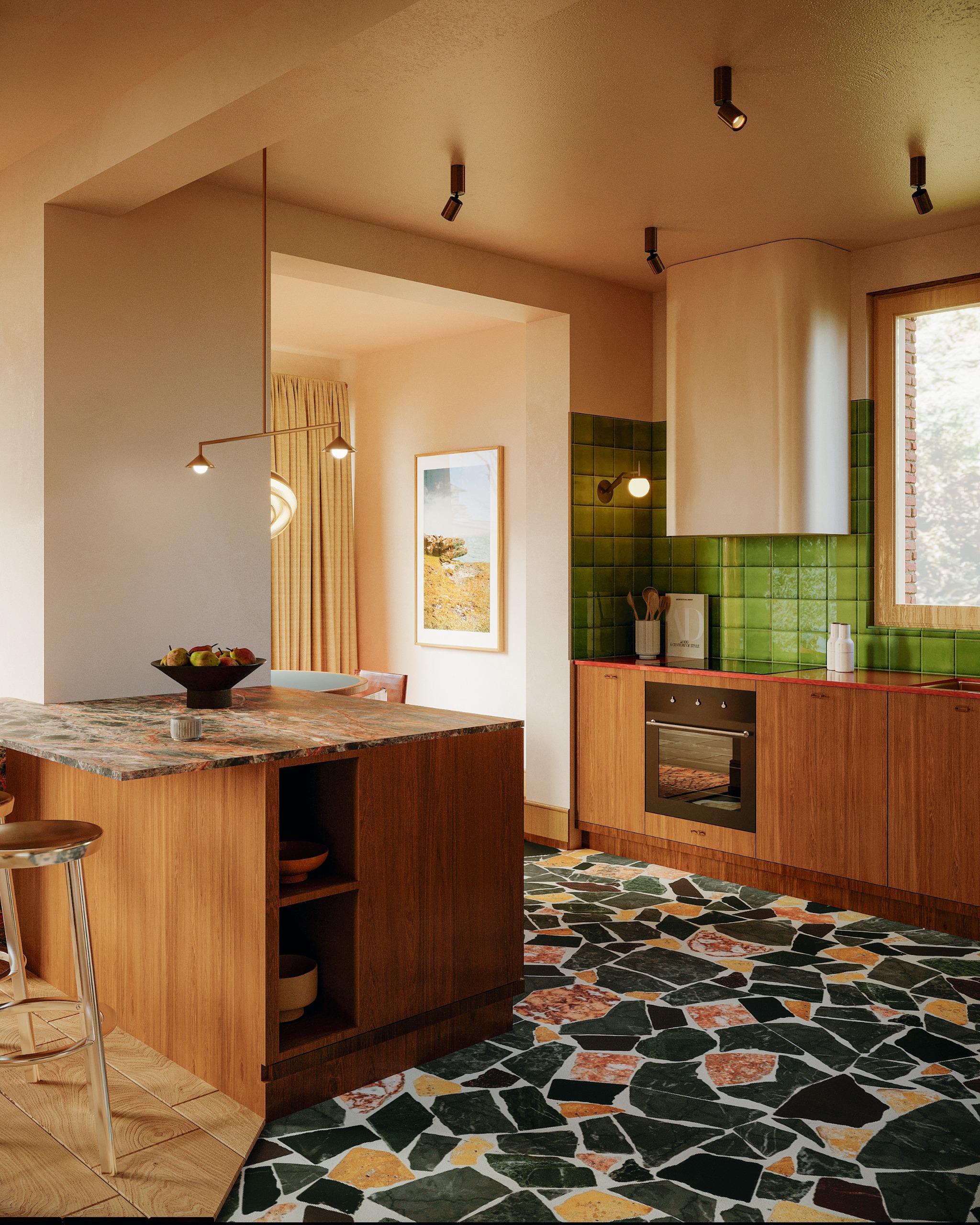 Kitchen with warm wood cabinetry and dark terrazzo countertop, oversized terrazzo floor with dark green, pink and yellow accents, and green square backsplash tiles