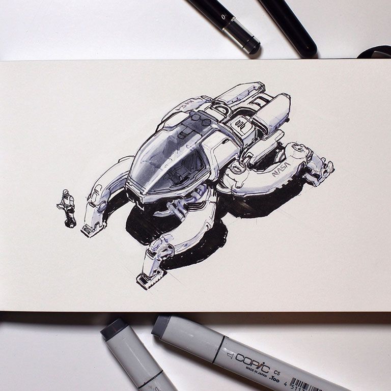 The original pen sketch from Darren&rsquo;s sketchbook of a mech, drawn around the beginning of 2016