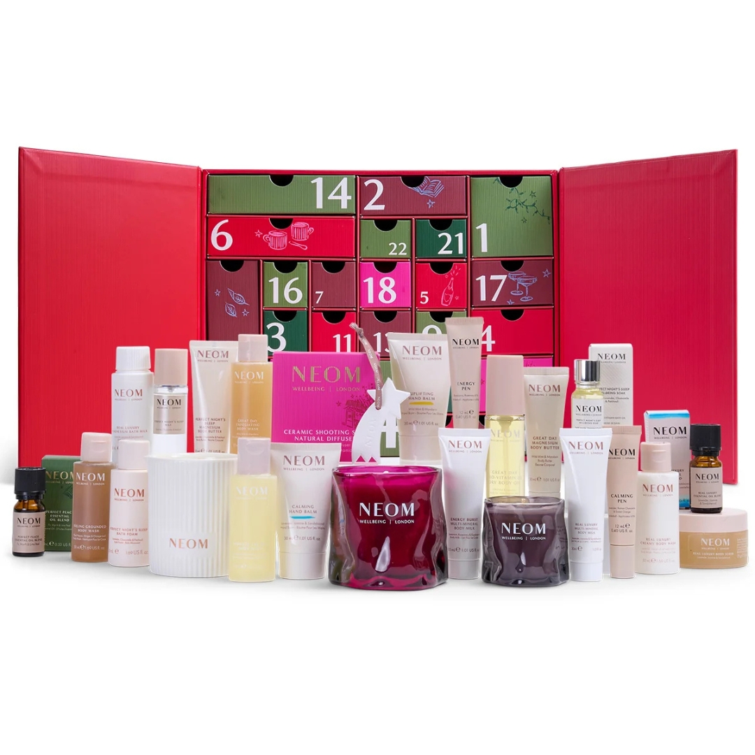 NEOM Advent Calendar 2026 with its contents in front of it