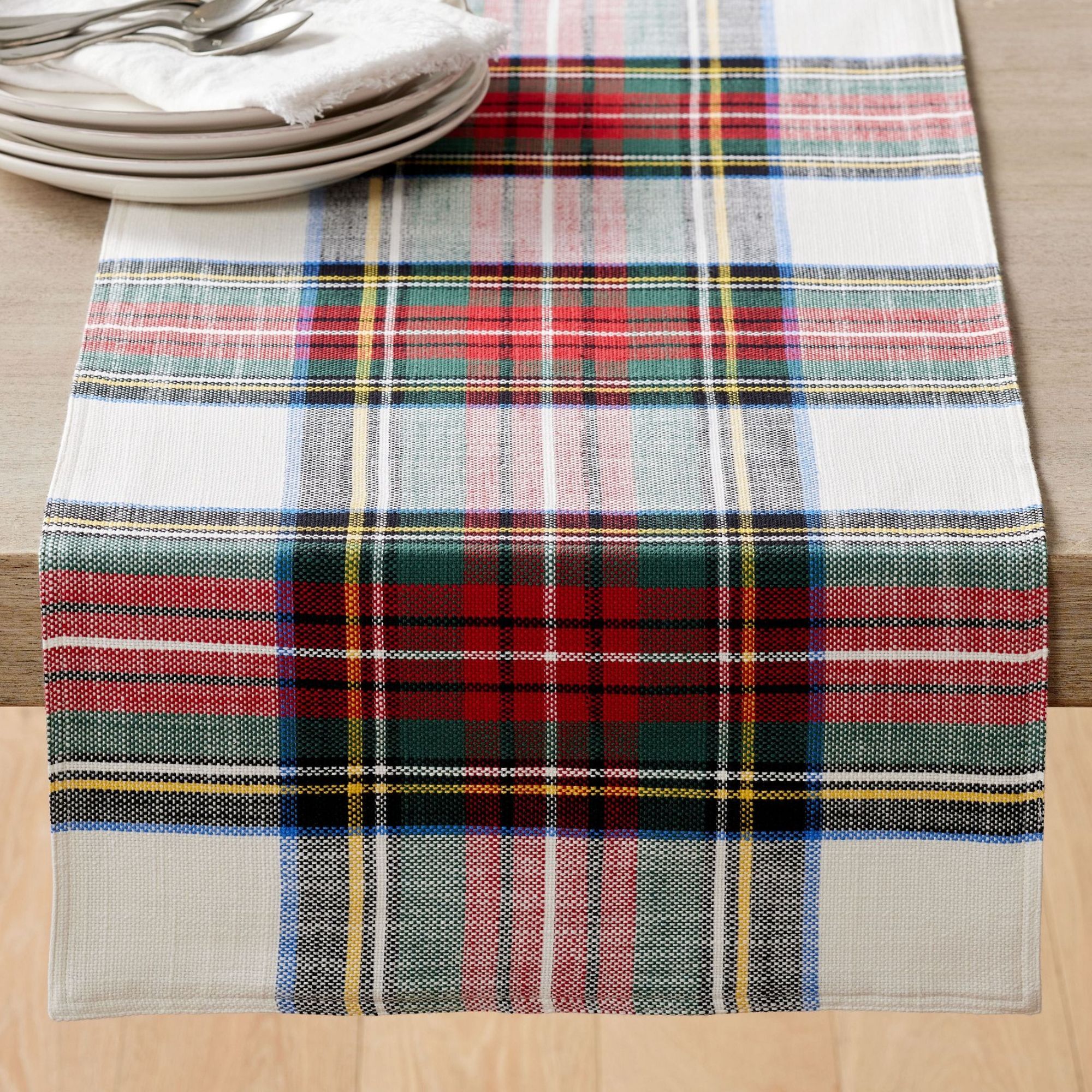 White and red plaid table runner