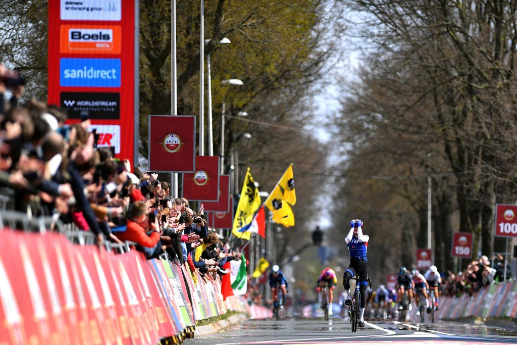 VALKENBURG NETHERLANDS APRIL 10 Marta Cavalli of Italy and Team FDJ Nouvelle Aquitaine Futuroscope celebrates winning ahead of Demi Vollering of Netherlands and Team SD Worx Liane Lippert of Germany and Team DSM and Annemiek Van Vleuten of Netherlands and Movistar Team during the 8th Amstel Gold Race Ladies Edition 2022 a 1285km one day race from Maastricht to Valkenburg UCIWWT AGR2022 on April 10 2022 in Valkenburg Netherlands Photo by Luc ClaessenGetty Images
