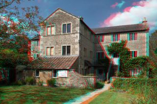 A 3D anaglyph of a country home and garden