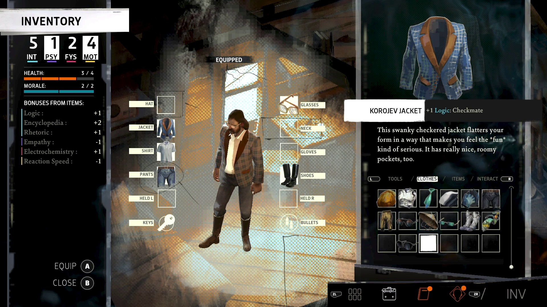 In Disco Elysium, the inventory screen shows Harrier Du Bois trying on a Korojev Jacket