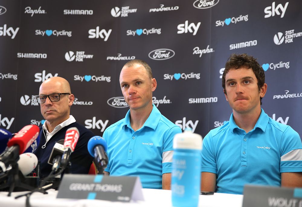 Dave Brailsford, Chris Froome and Geraint Thomas at Team Sky's pre-Tour de France press conference.