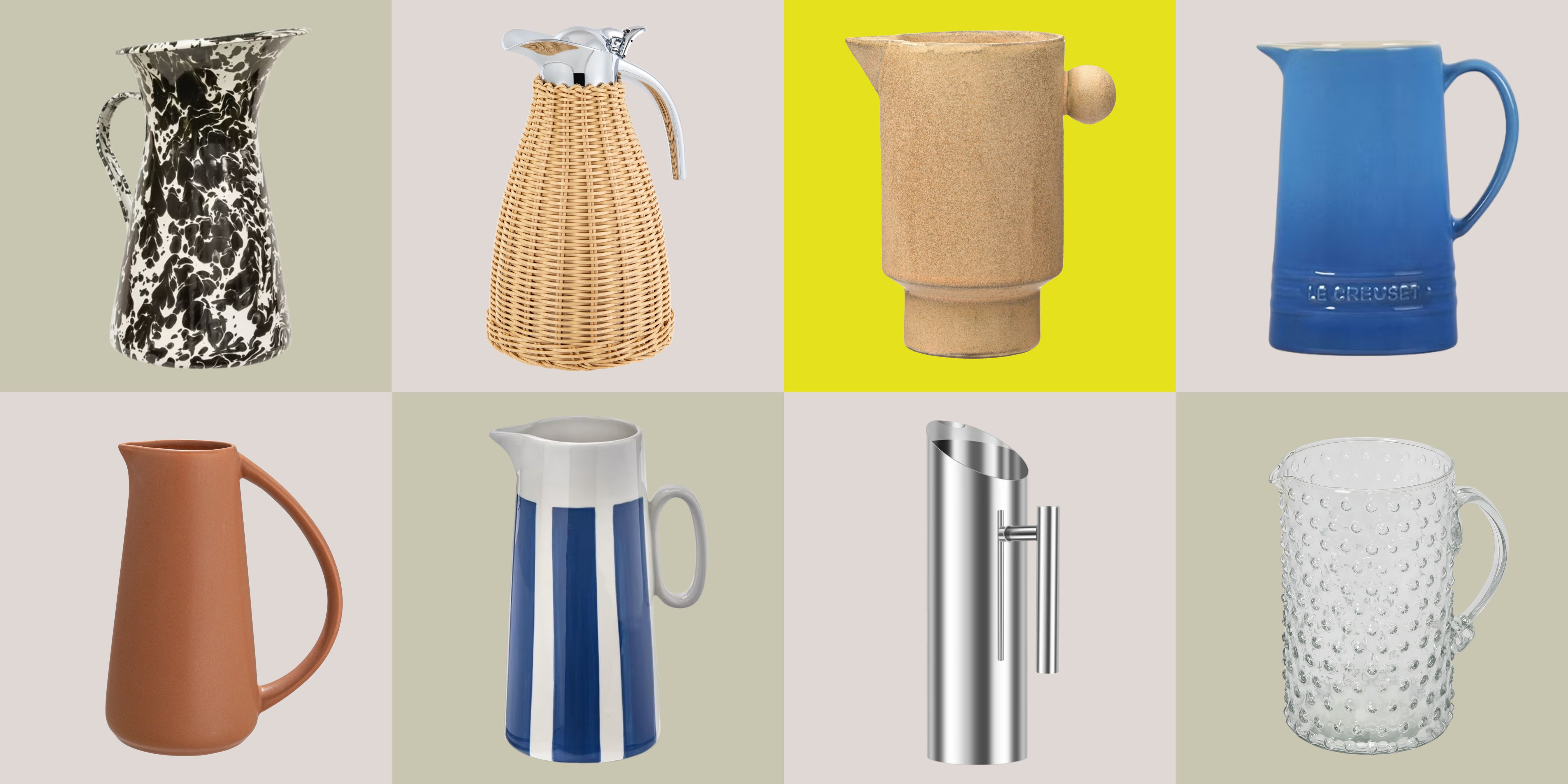 Solid and patterned Walmart pitchers pictured against a colorful checkered background