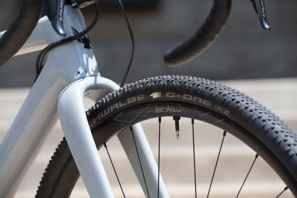 Amity Rockwell chose the Schwalbe G-One and they were mounted on the new Easton EC70AX carbon wheels