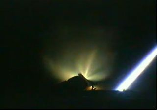 The upper stage of an Ariane 5 rocket ignites after stage separation in this still image from an Arianespace broadcast of the launch of the ATV-3 cargo ship toward the International Space Station on March 23, 2012 from Kourou, French Guiana.