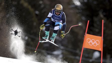 An FPV drone following a downhill skier at the Milan Winter Olympics 2026