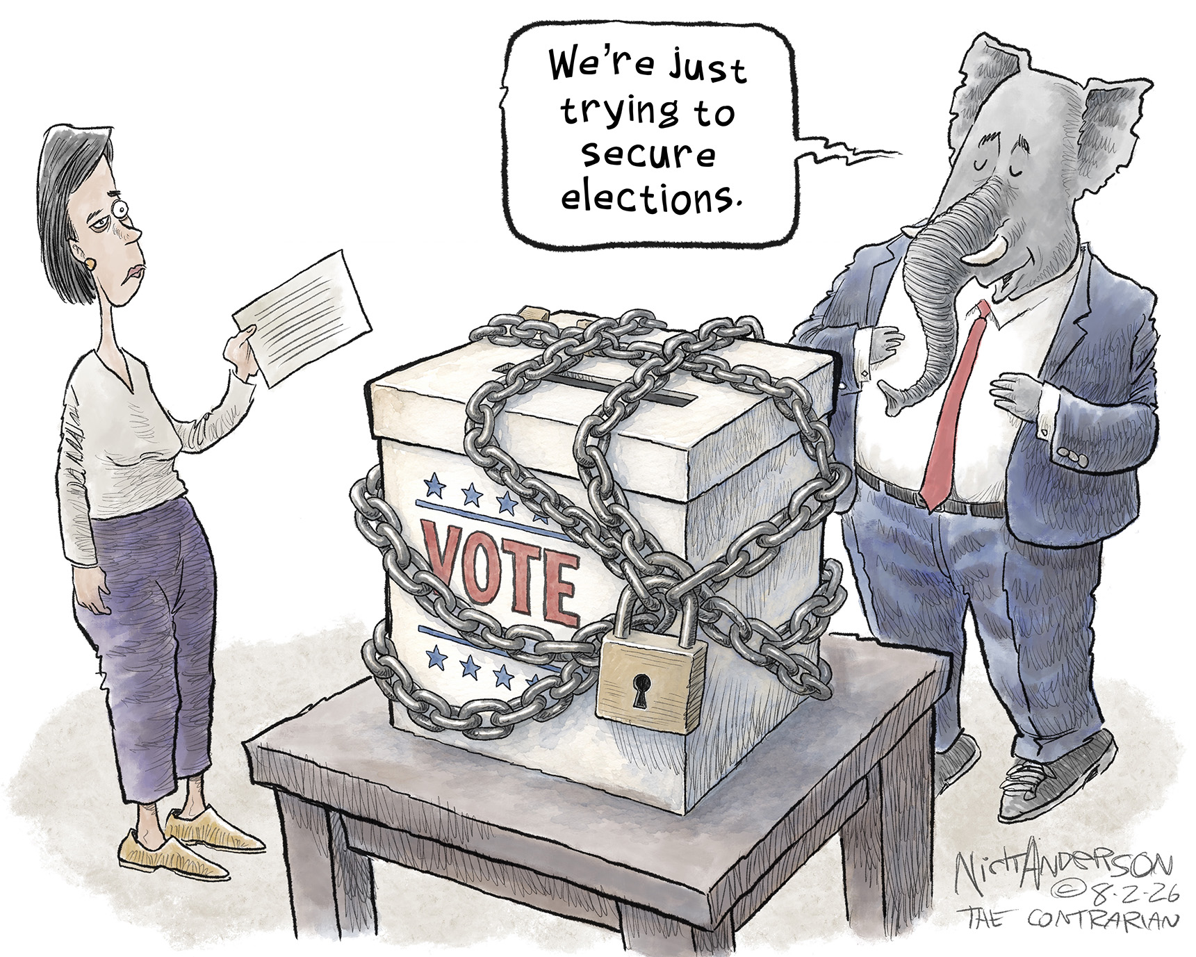 A woman with a ballot is trying to drop off her vote. The ballot box has been wrapped with a chain and a large padlock. An elephant in a suit is nearby and says, &amp;ldquo;We&amp;rsquo;re just trying to secure elections.&amp;rdquo;