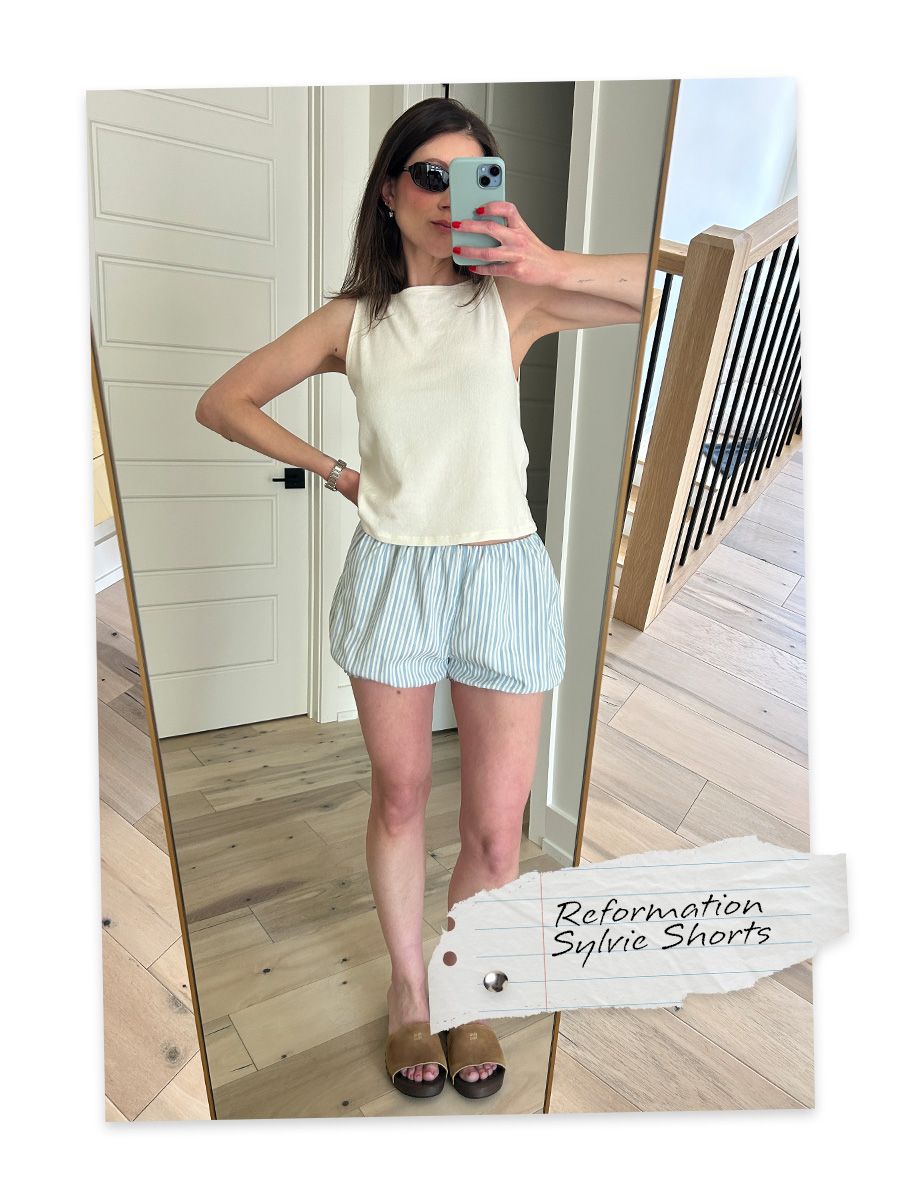 Reformation Sylvie shorts try-on