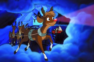 A cartoon Rudolph using her nose to light the way while pulling Santa's sleigh