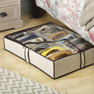 Fabric under-the-bed shoe organizer filled with shoes