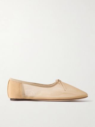 Bow-Embellished Mesh Ballet Flats in tan