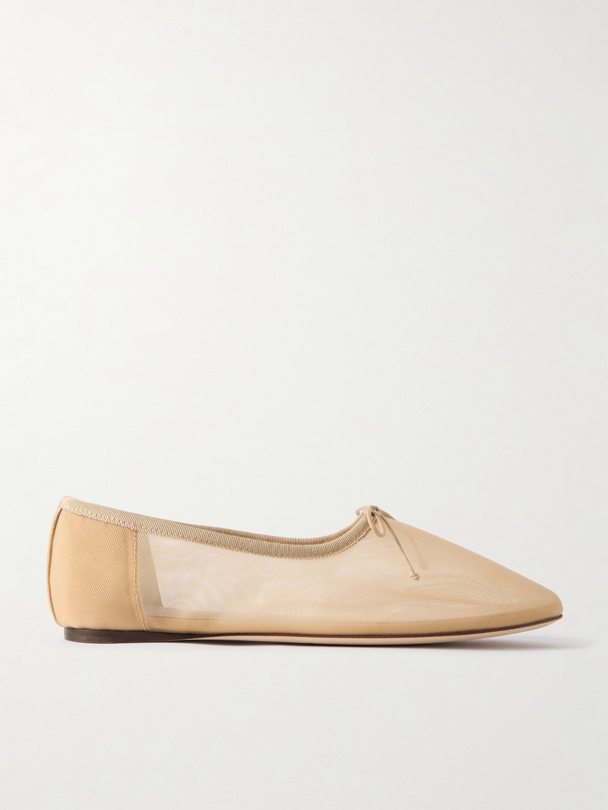 Bow-Embellished Mesh Ballet Flats in tan