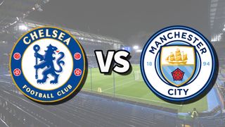 The Chelsea and Manchester City club badges on top of a photo of Stamford Bridge in London, England
