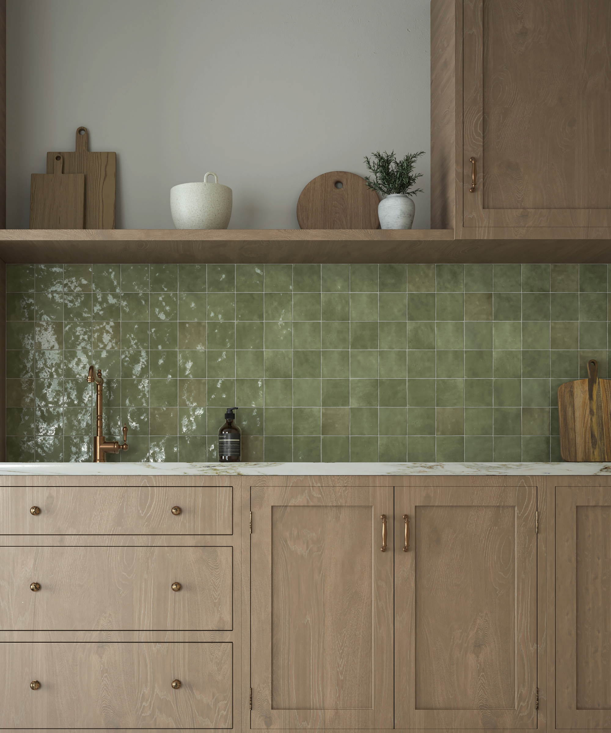 Kitchen with green tiles and wooden cabinets and shelves