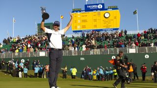 Padraig Harrington celebrates with the Claret Jug after winning the 2008 Open at Royal Brikdale