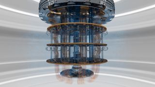 Quantum computer in white room with blue anomalous linear structure.
