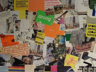 Flyers and graphics pinned to the studio walls of Thomas Bernstrand