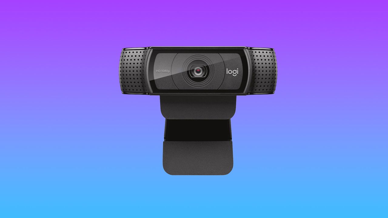 Front-facing image of the Logitech C920 HD Pro Webcam on a gradient purple to blue background