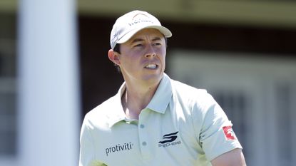 Matt Fitzpatrick watches on after hitting a shot at Shinnecock Hills ahead of the 2026 US Open