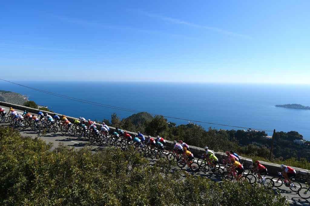 BLAUSASC FRANCE FEBRUARY 20 A general view of the Peloton passing through the seaside during the 54th Tour Des Alpes Maritimes Et Du Var Stage 3 a 1126km stage from Villefranche sur Mer to Blausasc on February 20 2022 in Blausasc France Photo by Dario BelingheriGetty Images