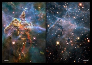 These are two images taken by the Hubble Space Telescope, one (left) viewing the Carina Nebula in visible light and the other (right) seeing it in infrared.