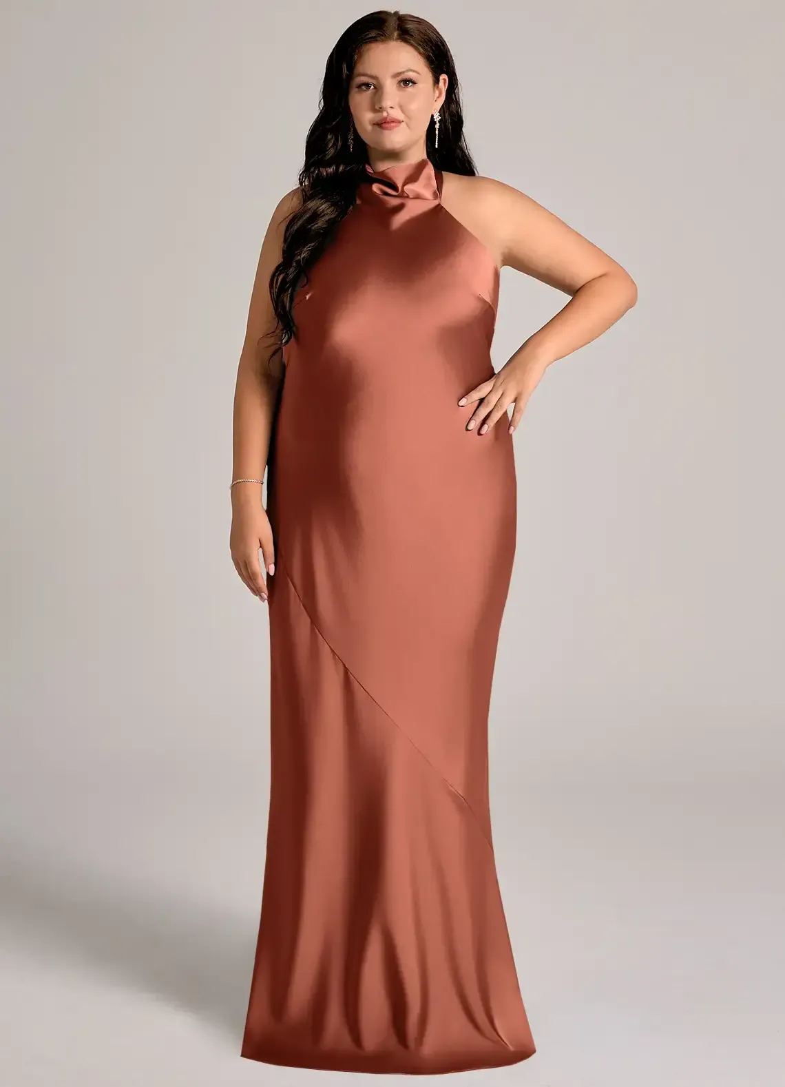 Azazie, Clay Mermaid High Neck Stretch Satin Dress