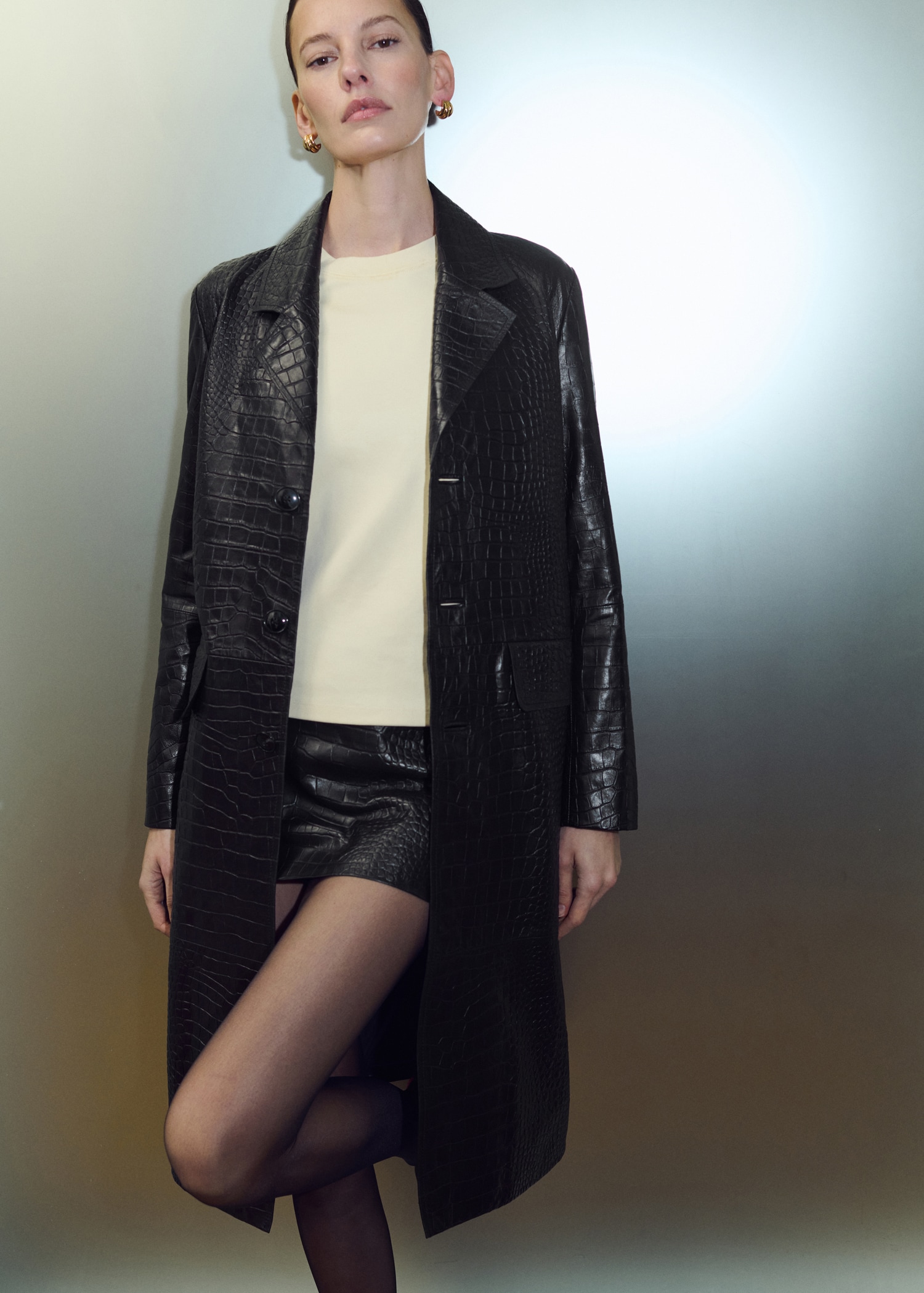 Crocodile-Effect Leather Coat - Women | Mango Usa