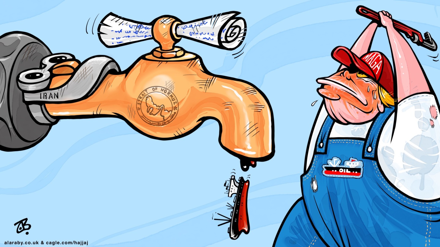 Donald Trump is depicted as a plumber trying to fix a leaky faucet labeled &amp;ldquo;Iran&amp;rdquo; and &amp;ldquo;Strait of Hormuz&amp;rdquo; that resembles an Iranian religious figure. Trump swings a wrench and the faucet leaks a ship that carries oil.