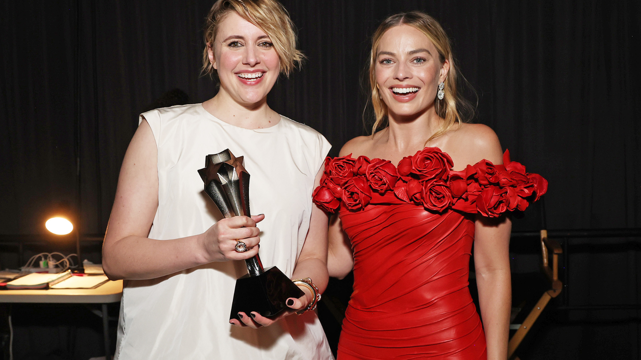 Greta Gerwig and Margot Robbie, winners of the Best Comedy Award for &#039;Barbie,&#039; pose backstage during the 29th Annual Critics Choice Awards at Barker Hangar on January 14, 2024 in Santa Monica, California