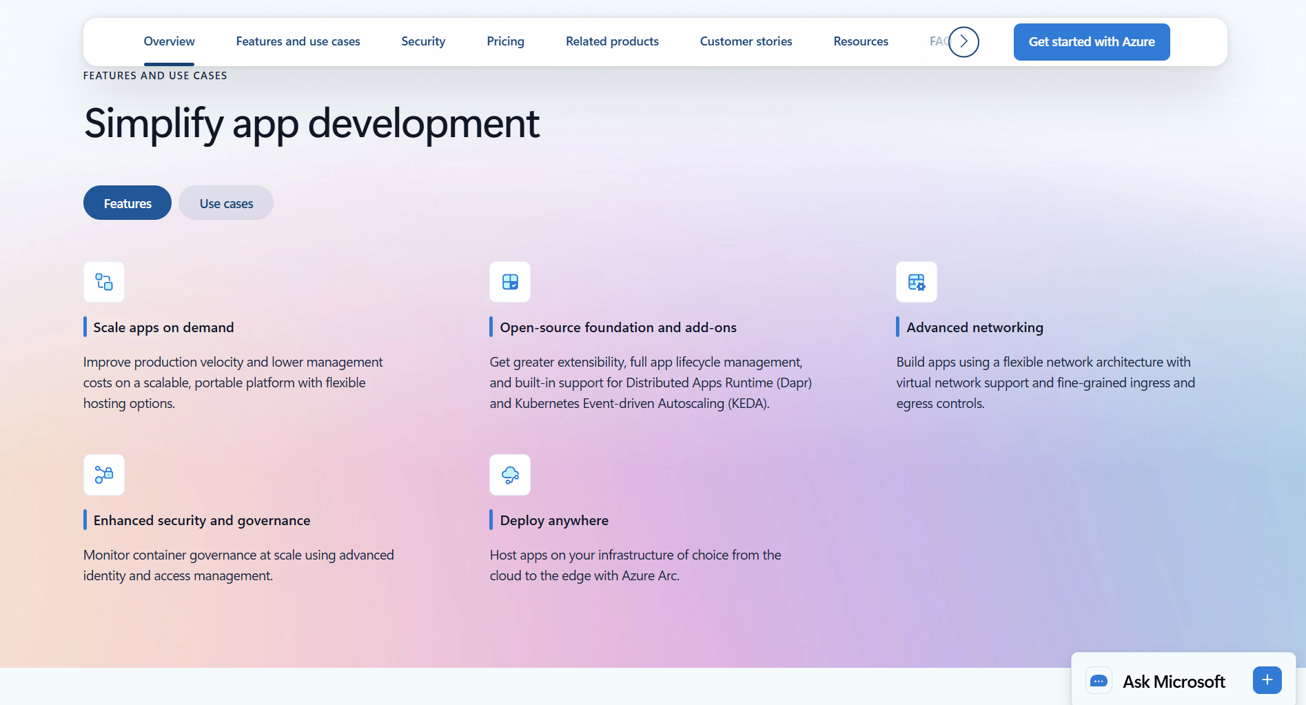 Microsoft Azure Container Apps homepage