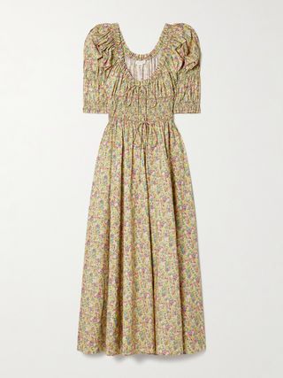 Ischia Shirred Floral-Print Cotton-Voile Midi Dress